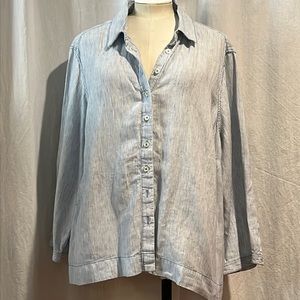 Boden blue & white vertical pinstripe linen shirt-3/4 sleeve/button front - EUC